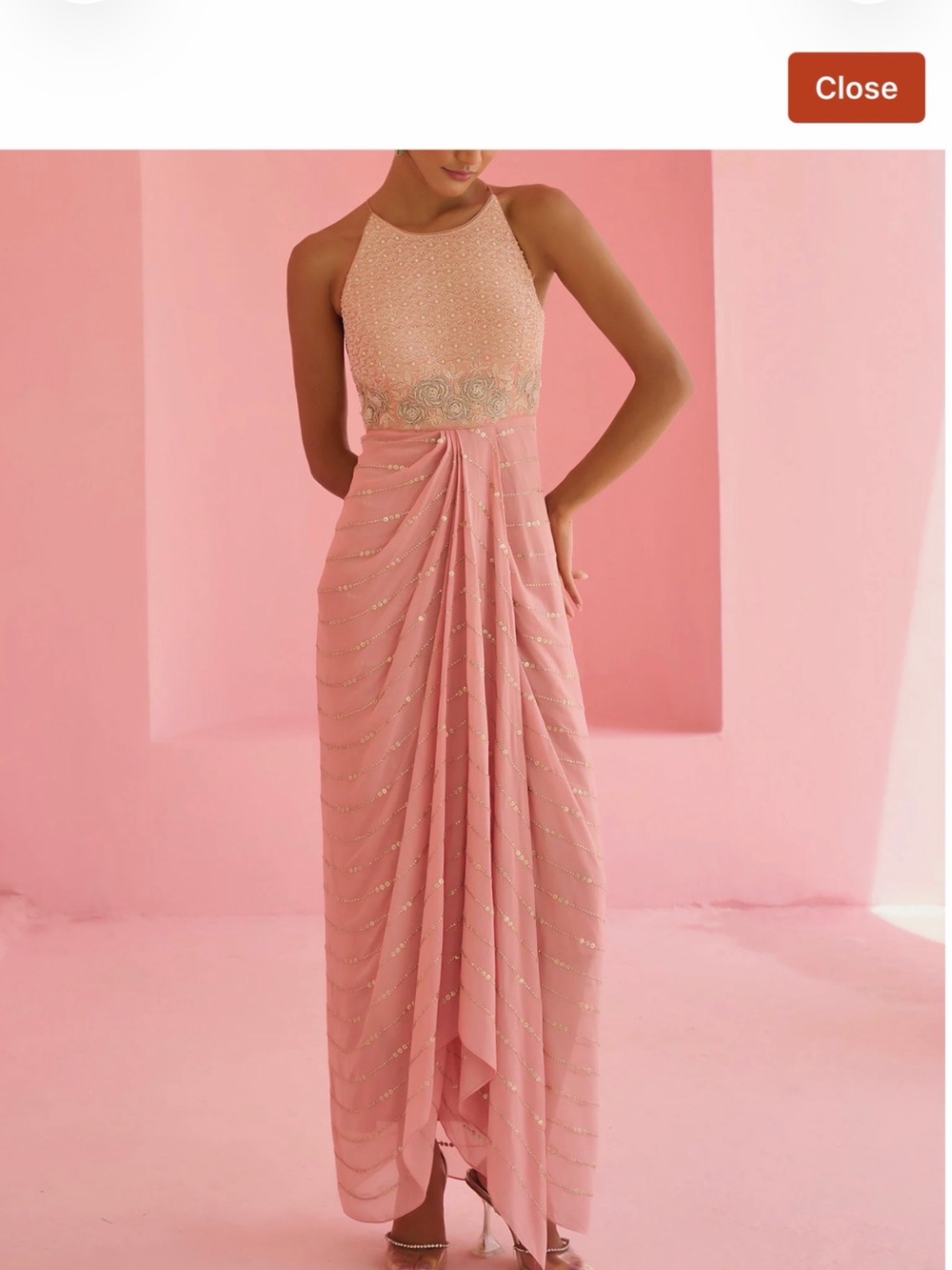 Elegant Pink Embellished Halter Evening Dress